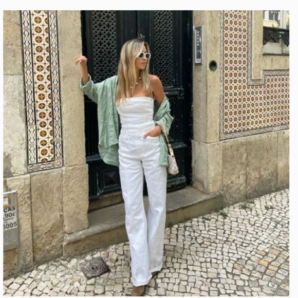 Zara Pants - BLOGGER'S FAVE Zara White Strapless Denim Corset Jumpsuit Sz XS  NWT